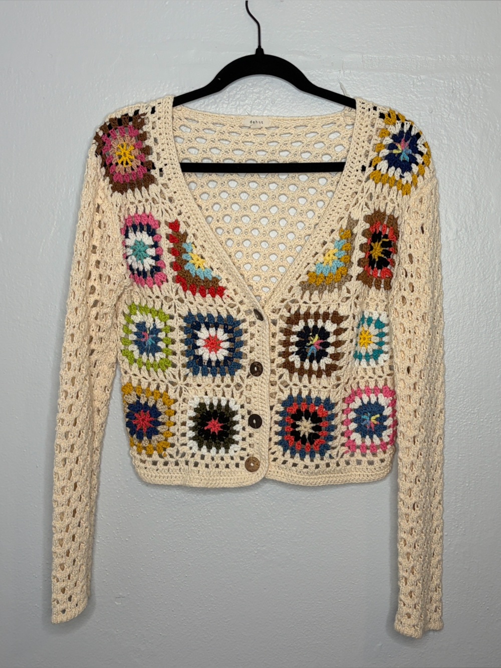 Debut Cream Crochet Granny Square Cardigan with Multicolor Accents